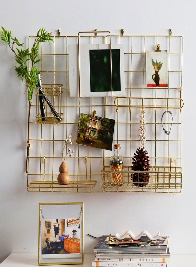 CreativeBuzz Steel Wall Grid Photo Frame for Wall with 10 Wooden Deginer Clips | DIY Metal Mesh Wire Grid for Photo Display, Wall Decor, Memo Organizer | Aesthetic Room Decoration for Home, Living Room & Office (Golden, 65x45cm) - Image 1